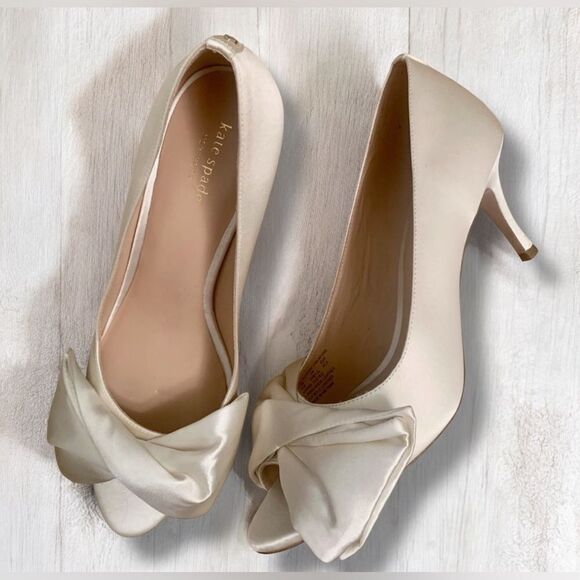 KATE SPADE NEW YORK Crawford Peep Toe Pump White Ivory Satin Evening Shoes 6.5 - Picture 7 of 11